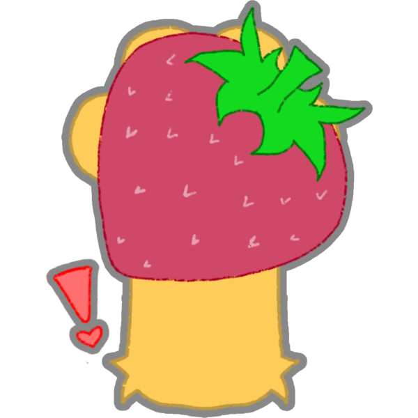 a yellow paw has a pastel red exclamation mark next to it, it's holding a very big strawberry almost covering the whole palm of the paw